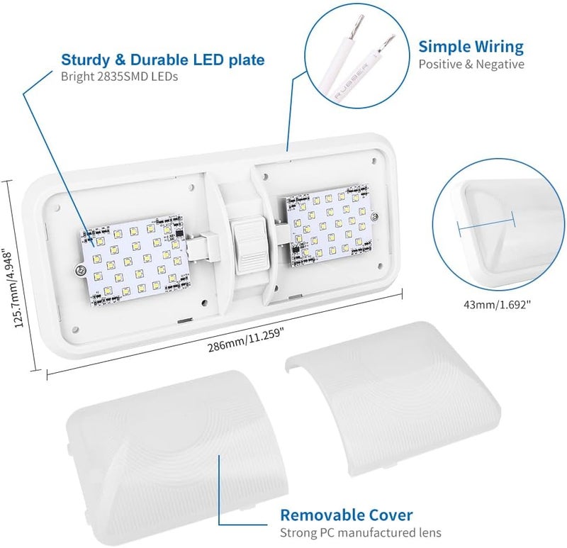 RVZONE RV Interior Natural White 12V LED Ceiling Double Dome Light Fixture 1100 LM Frosted RV Interior Lighting for Bedroom, Living Room (4500K) - Image 2